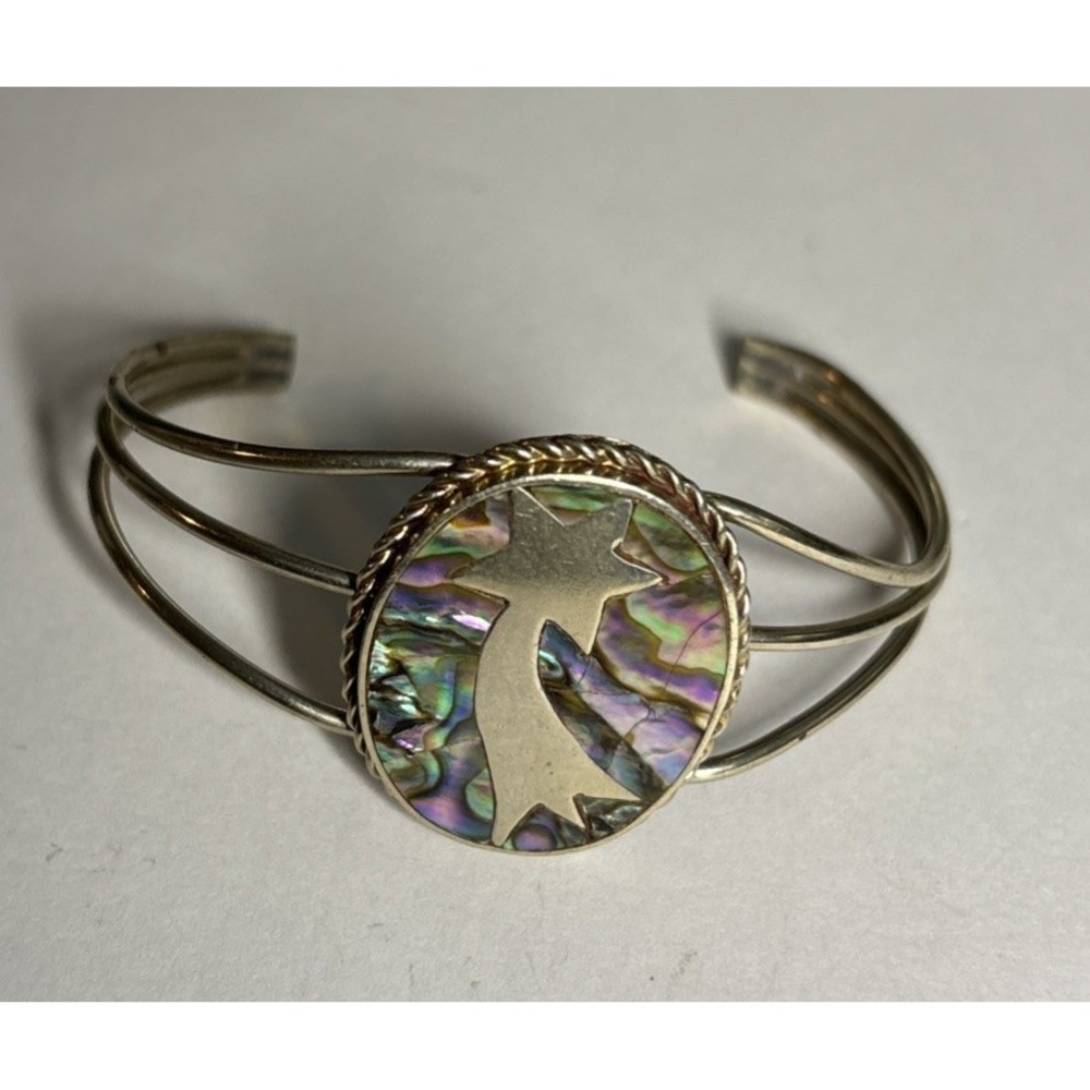 Mexico Alpaca Silver Abalone Shell Shooting Star Cuff Bracelet Southwestern